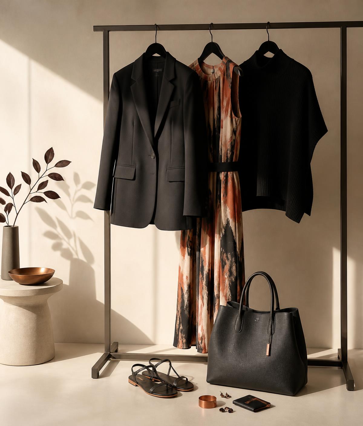 A black blazer, printed silk dress and knit on a rail beside a leather tote and sandals in a daylit studio