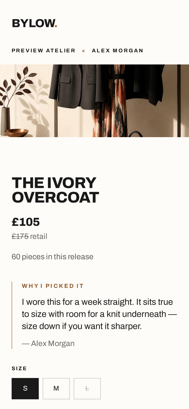 A BYLOW Drop page on a phone, showing the Brand × Creator header, the product, its price and the Creator's note